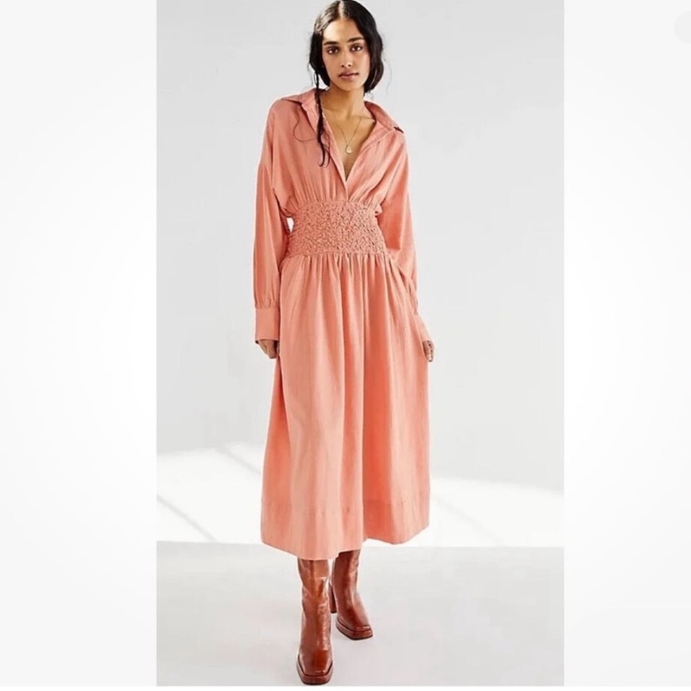 Free People Coral Peach Smocked-Waist Midi Dress